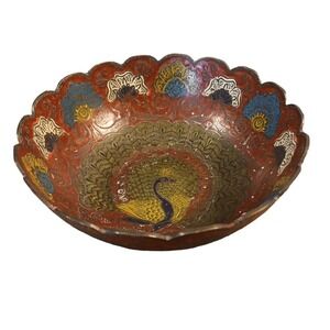 Solid Enameled Brass Peacock Bird Vintage Pedestal Decorative Bowl 6.5"Wx2.75"T